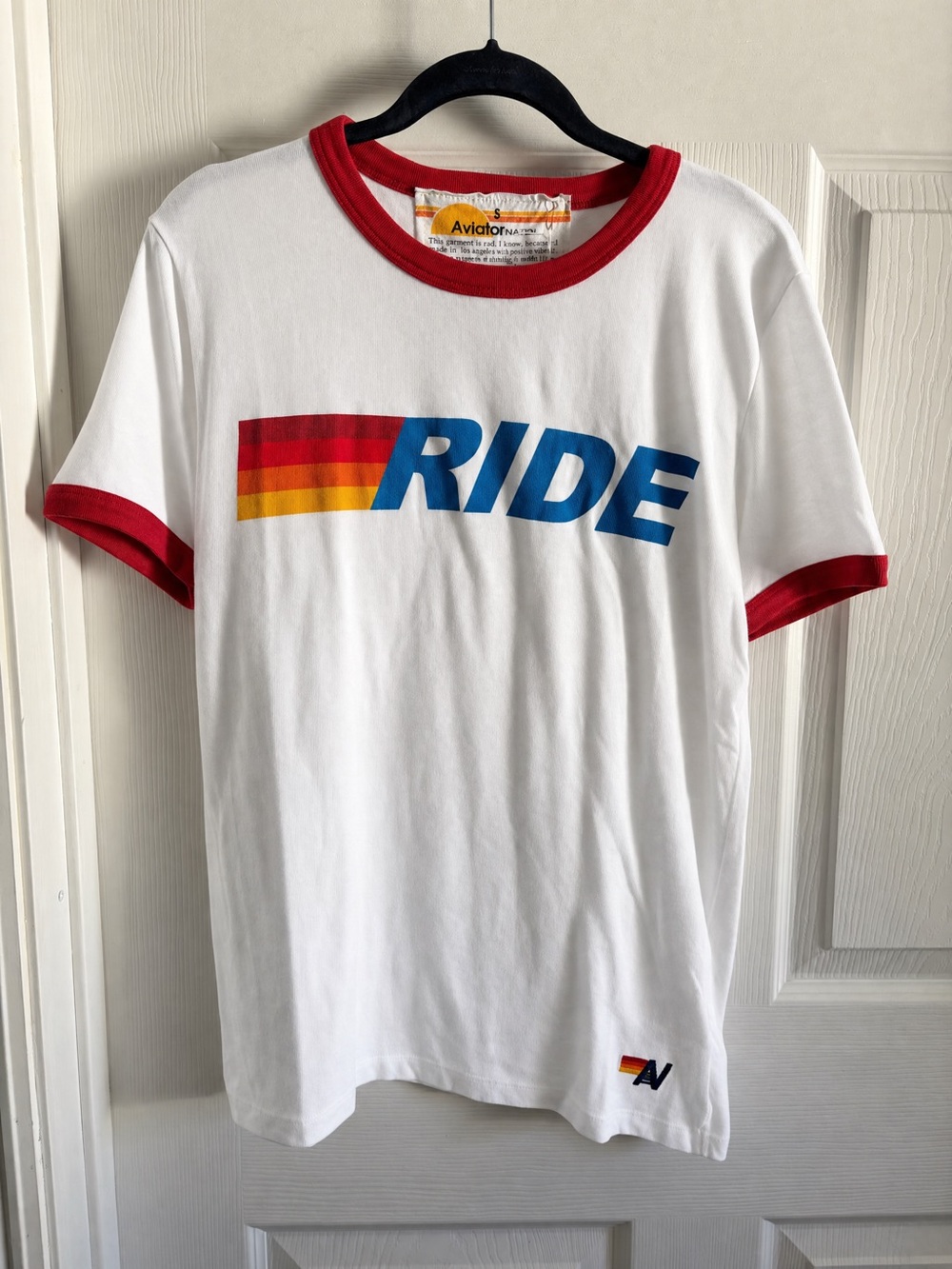 🌈 NWT Aviator Nation Retro 'RIDE' Graphic Ringer Tee - Picture 3 of 4